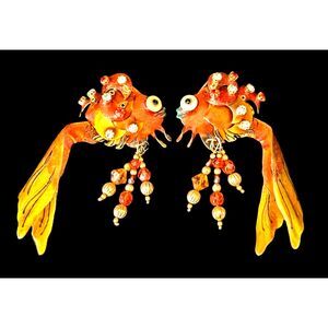 Lunch at the Ritz Bubbles and Goldie goldfish Earrings Austrian crystals beads